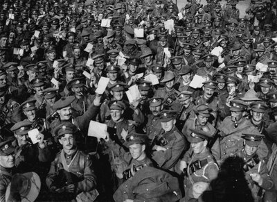 Men assembling to go on leave by English Photographer